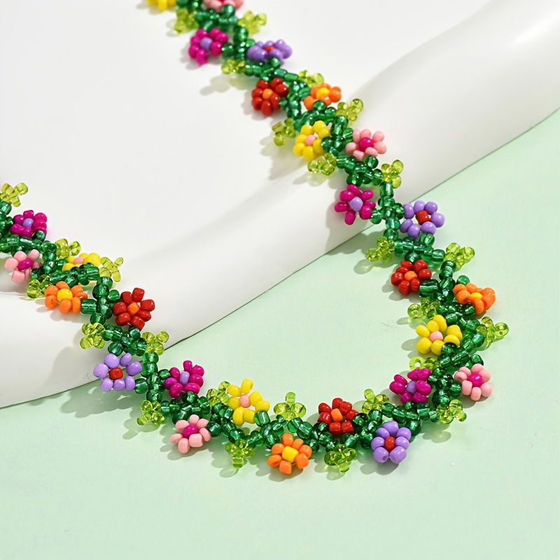 Bohemian Braided Beaded Colorful Flower Necklace